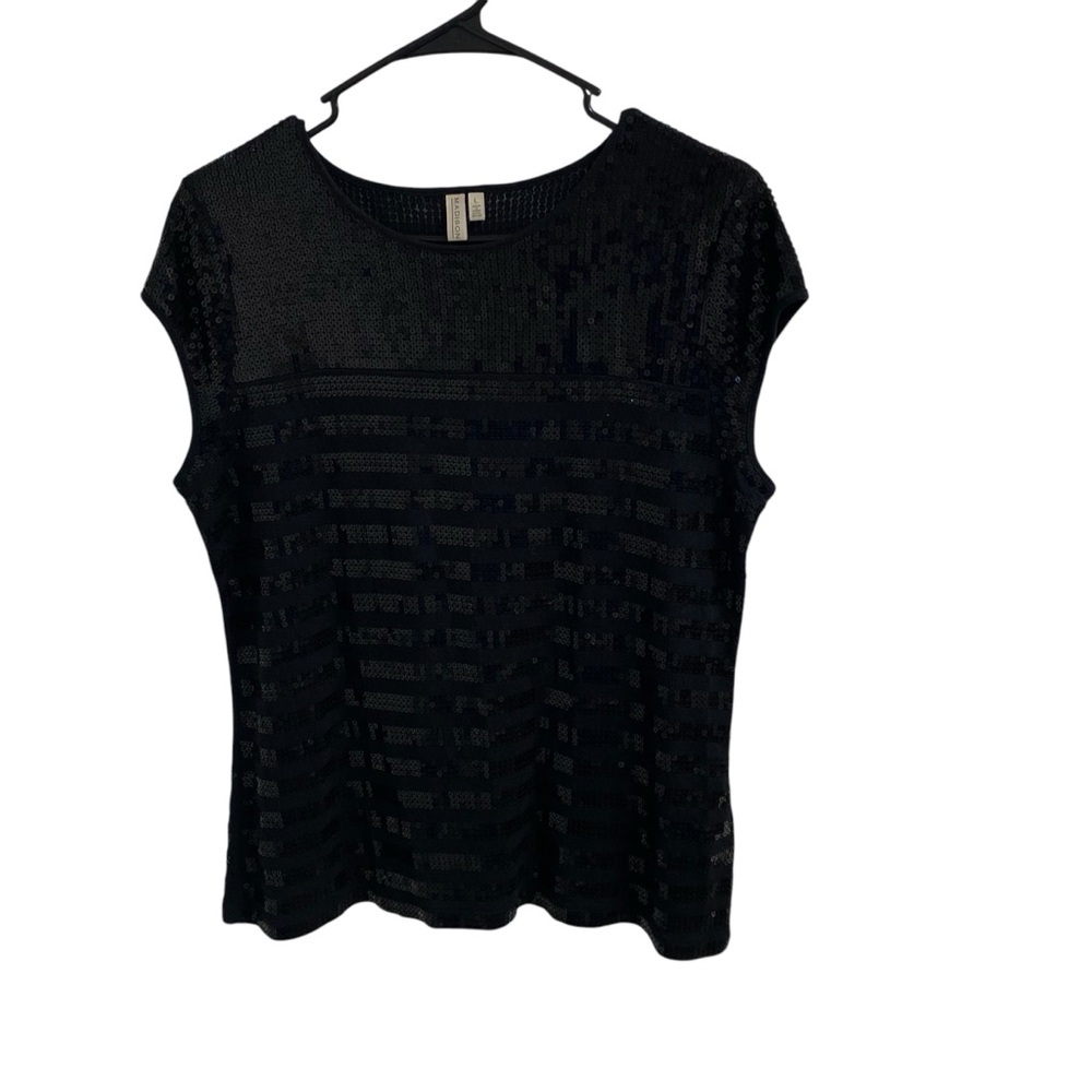 Madison Elegant Black Sequined Sleeveless Round Collar Pull Over Top L